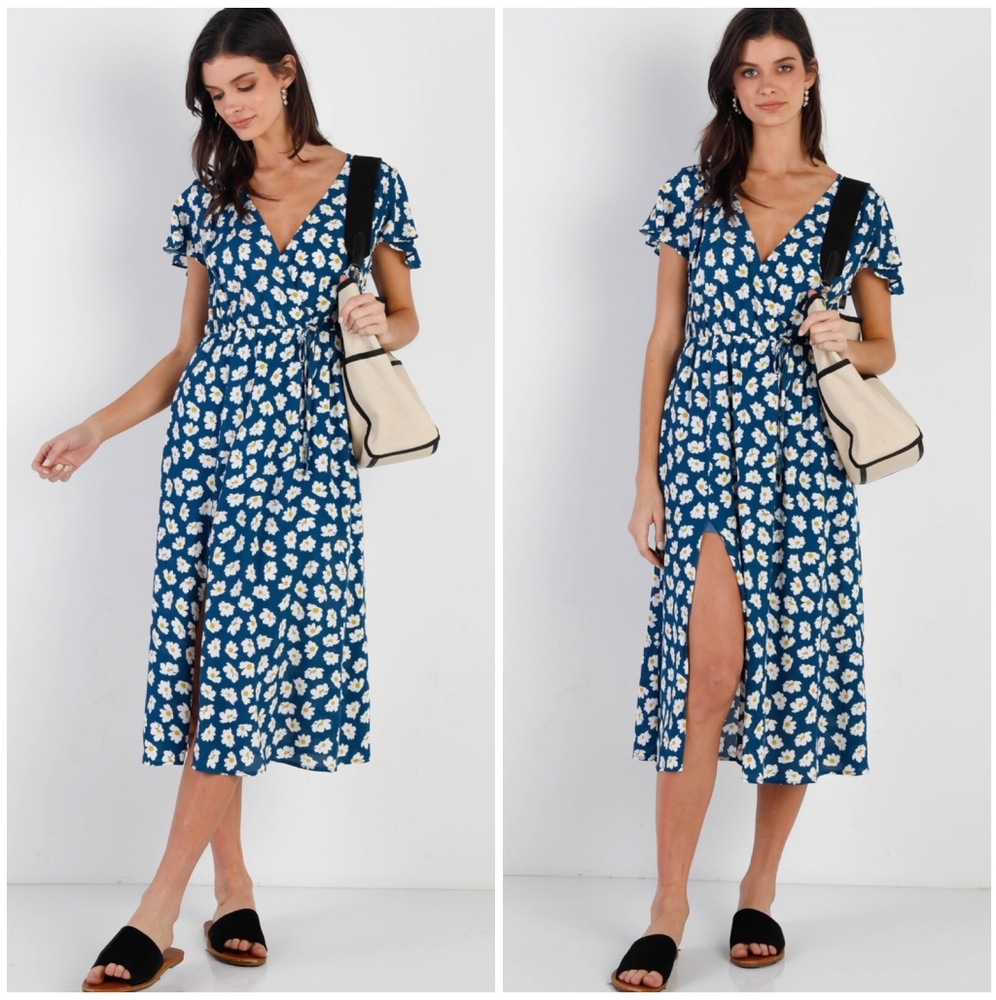 LAST ONE❗️SUGAR+LIPS Boho Chic Feminine Dark Teal Floral Midi Dress - Picture 4 of 4